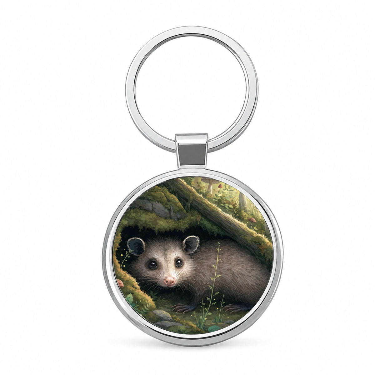 Opossum Woodland Garden Round Metal Keychain