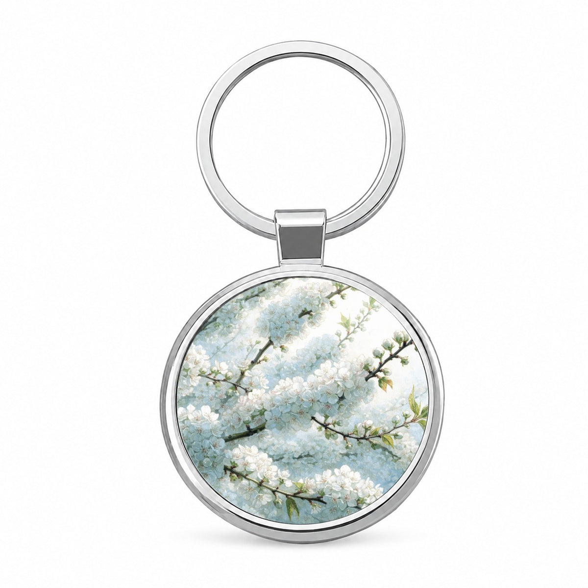 Pear Blossom Branches Round Metal Keychain