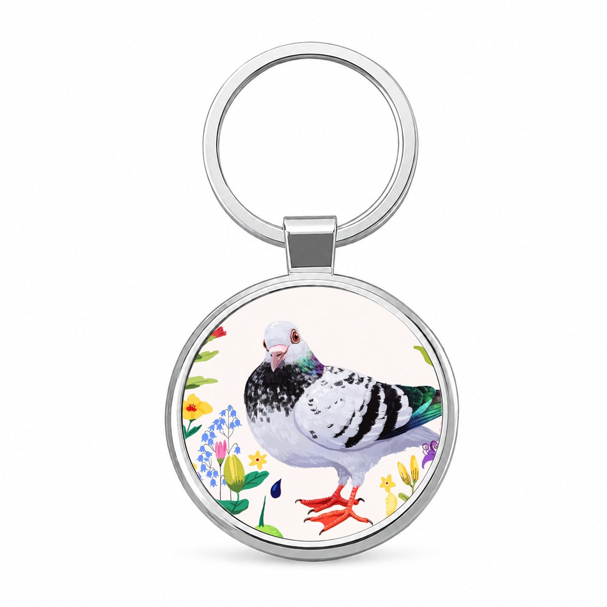 Pigeon With Wildflowers Round Metal Keychain