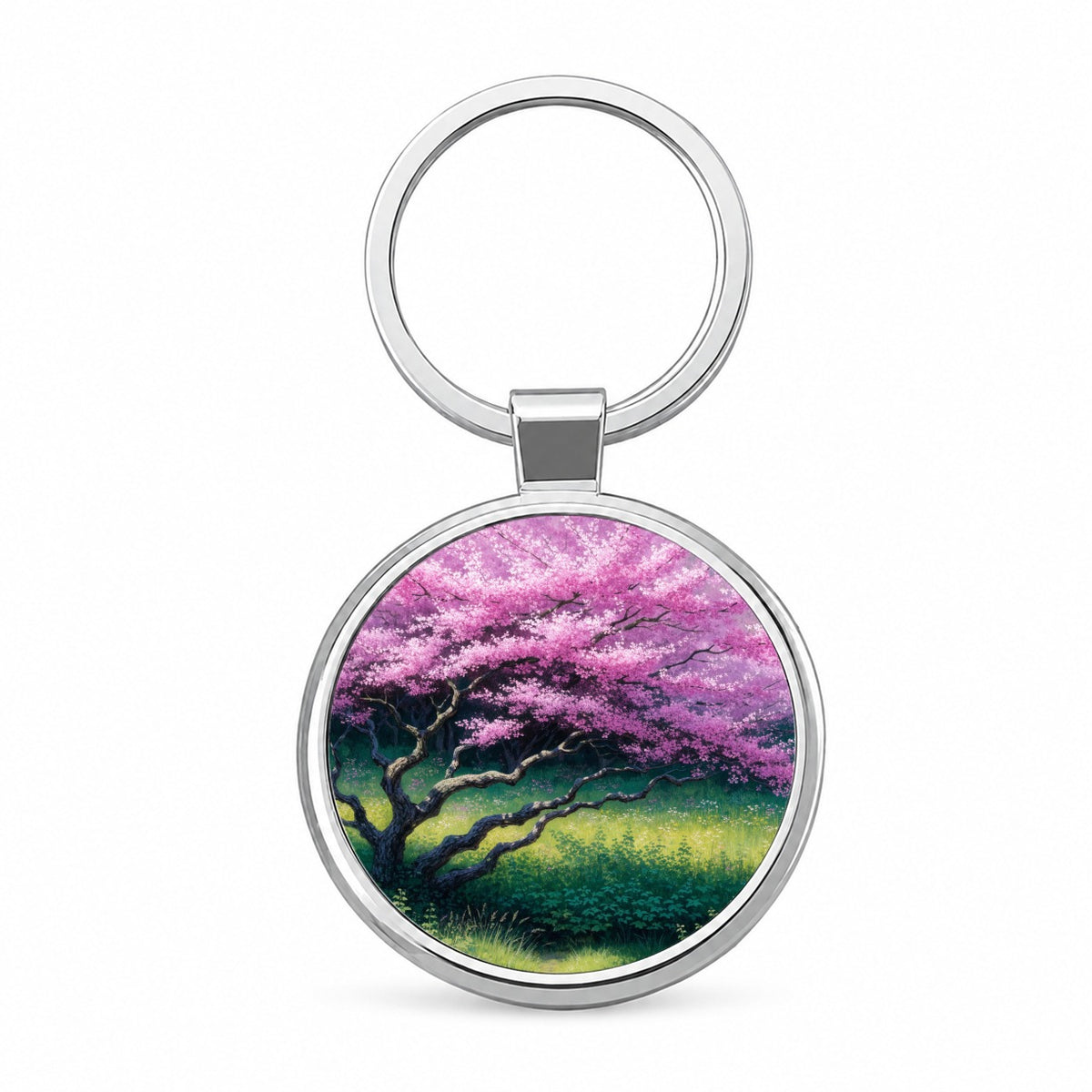 Pink Redbud Spring Tree Round Metal Keychain