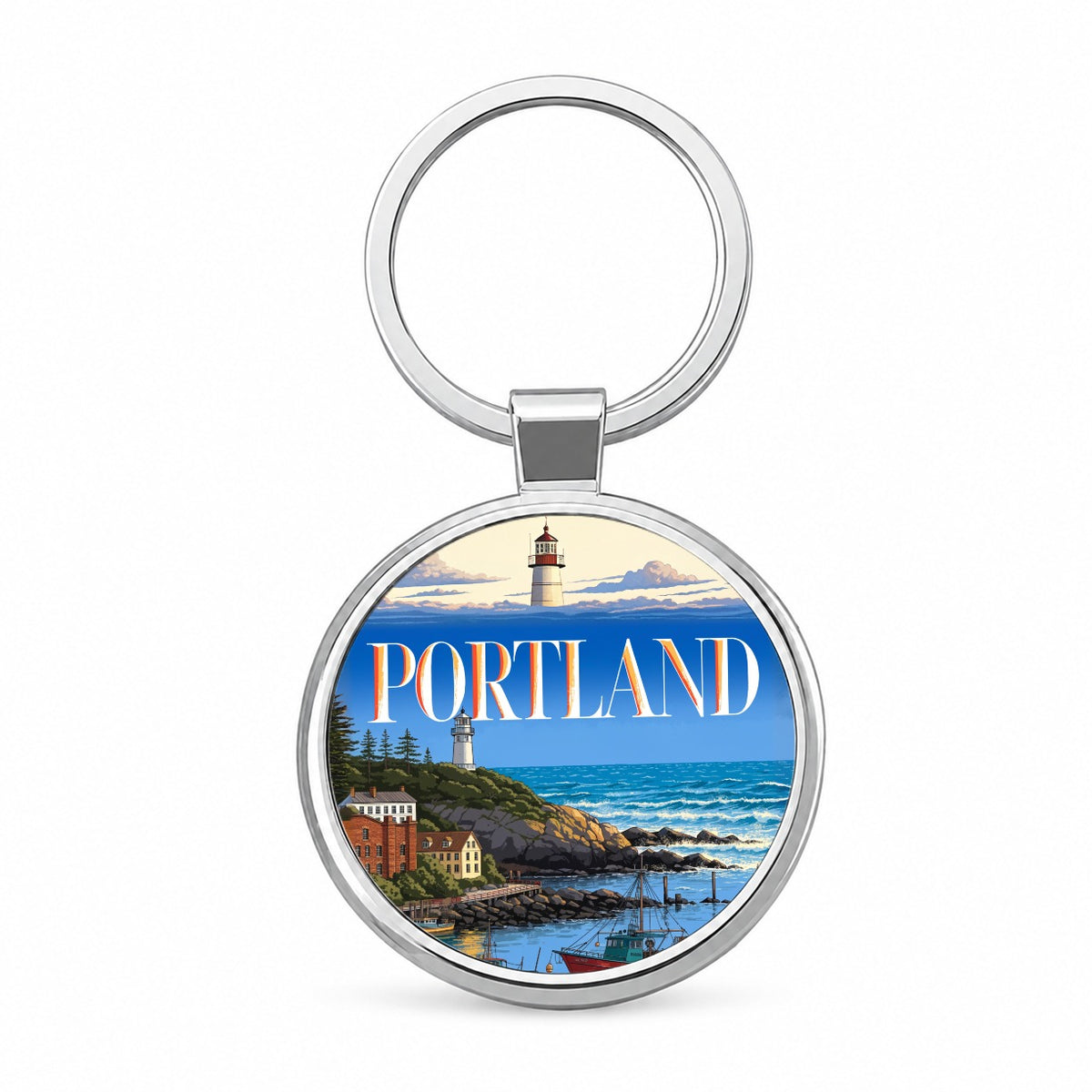 Portland Maine Travel Round Metal Keychain