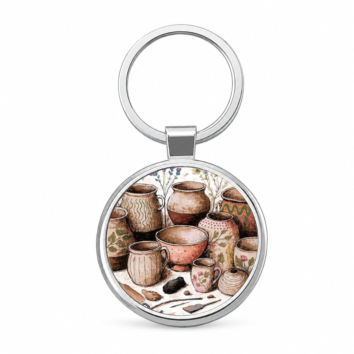 Pottery Ceramics Floral Round Metal Keychain