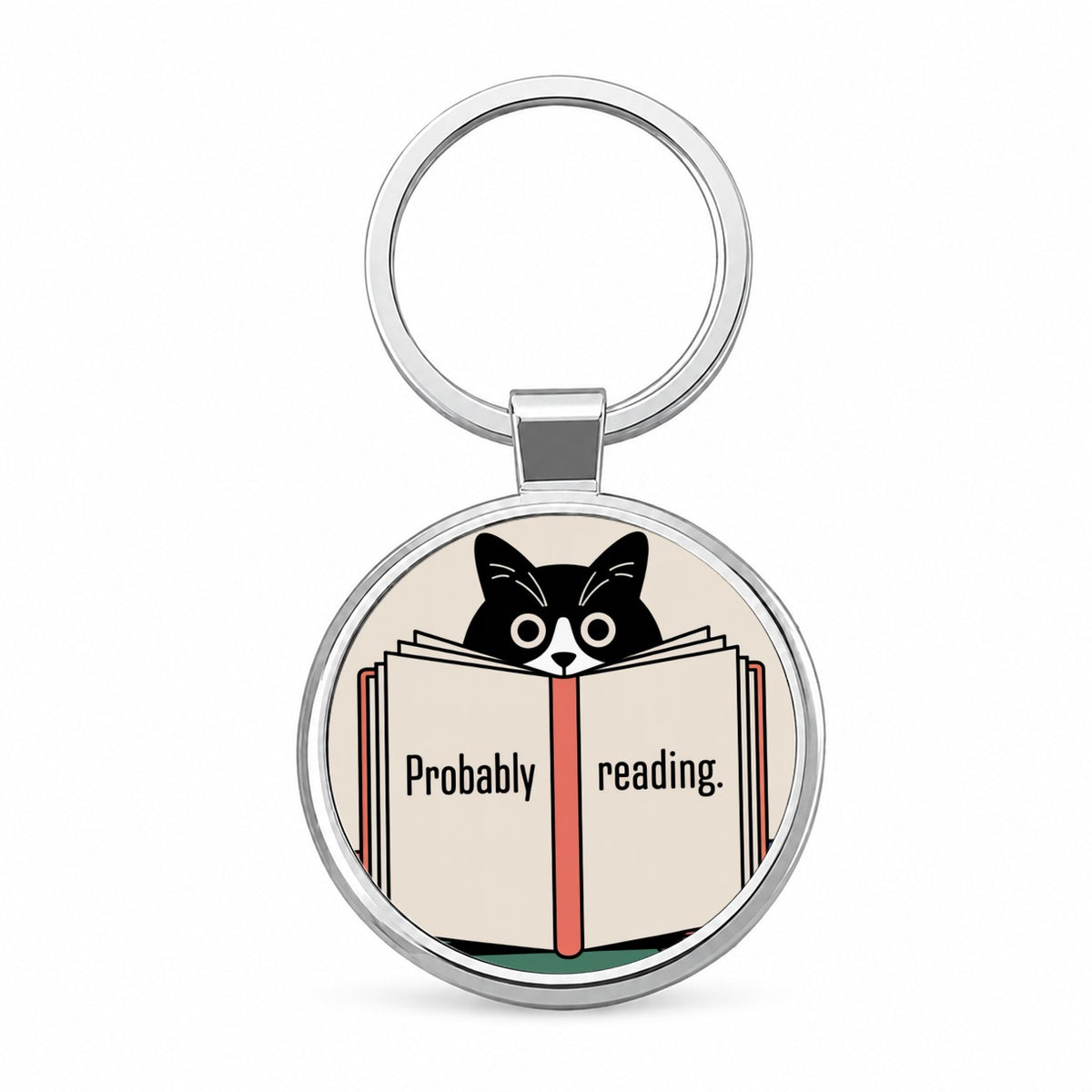 Probably Reading Cat Round Metal Keychain