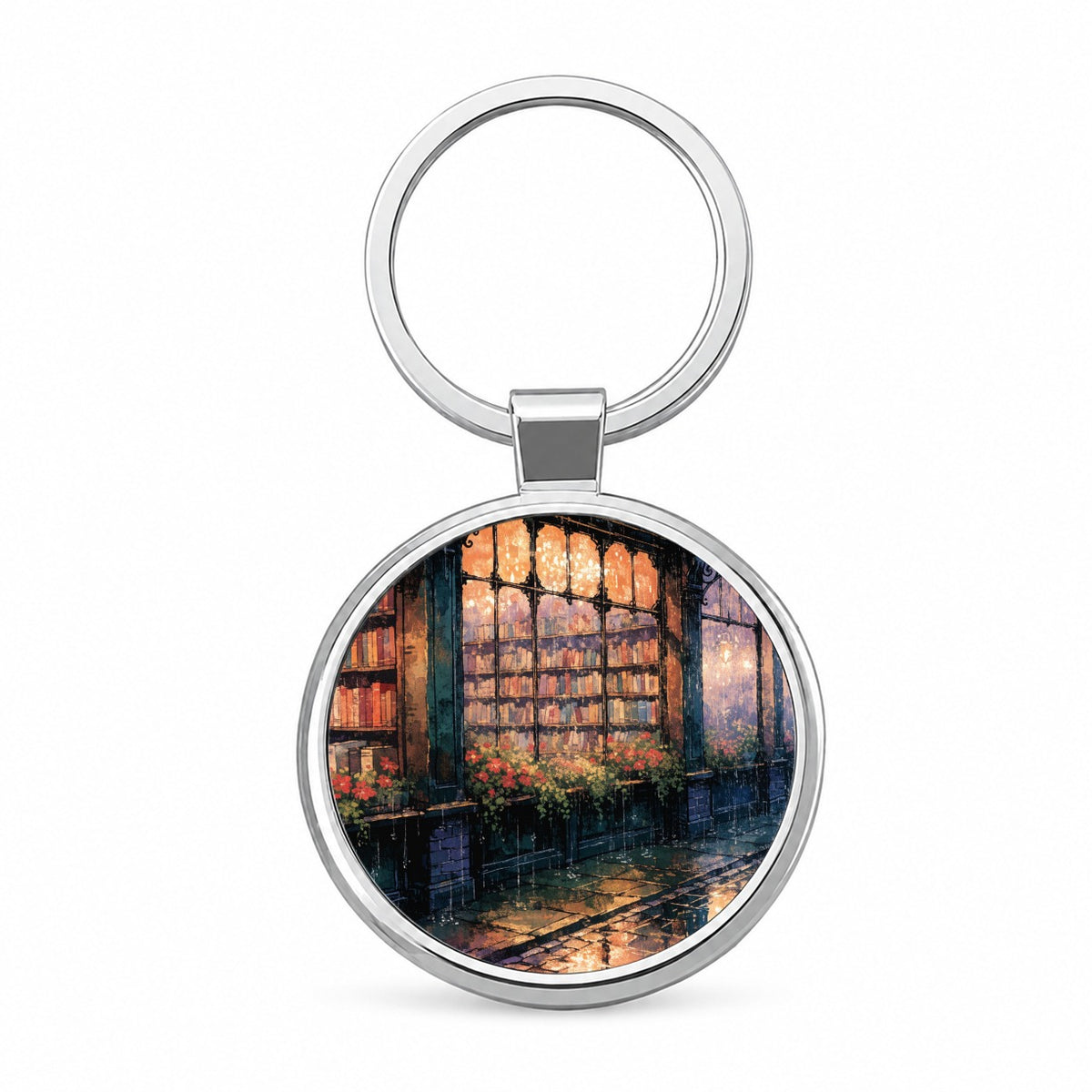 Rainy Bookshop Street Round Metal Keychain