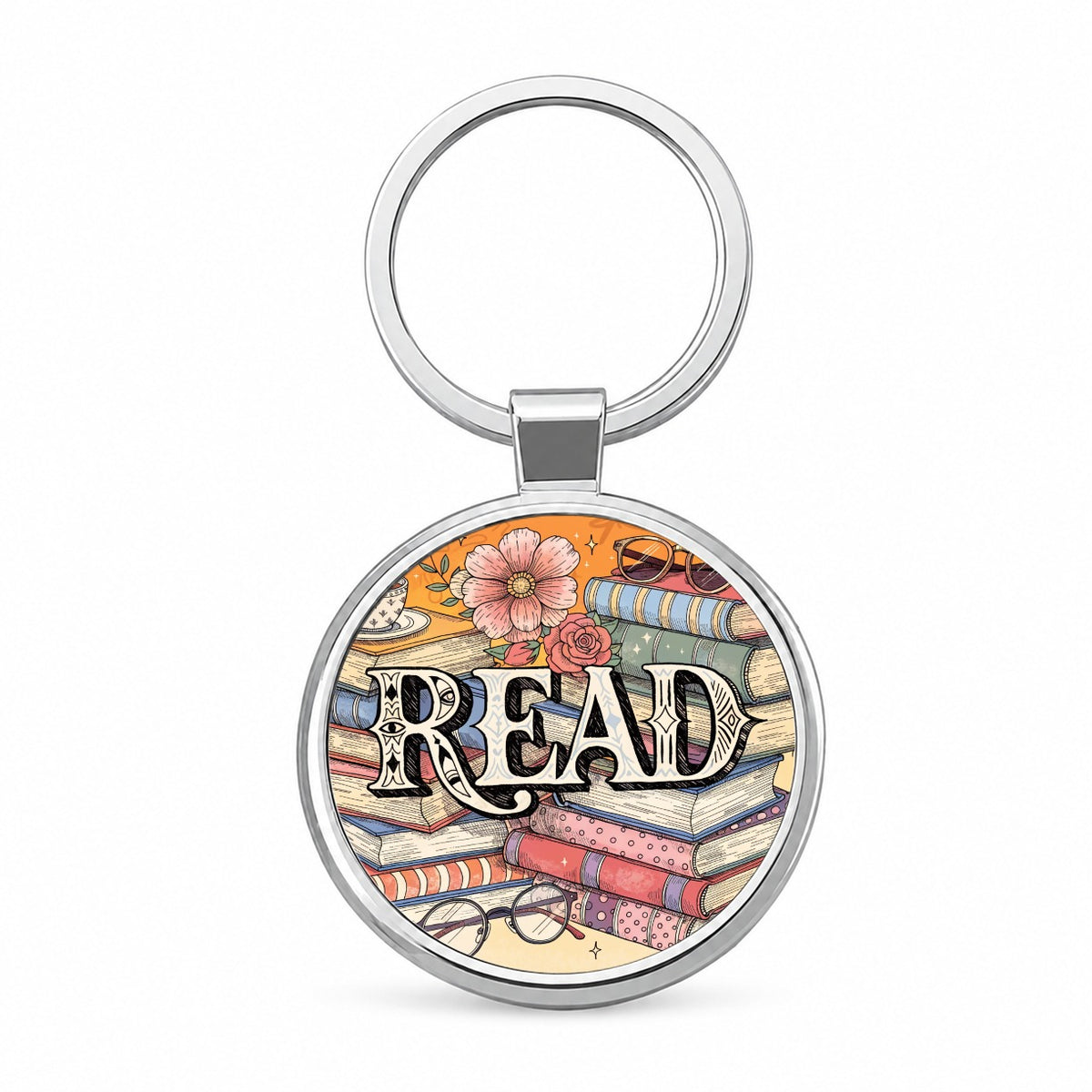 Read Stack Of Books Reading Round Metal Keychain