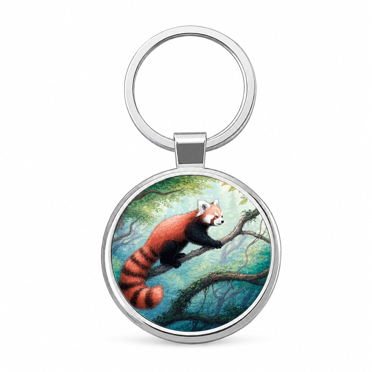 Red Panda Forest Round Metal Keychain