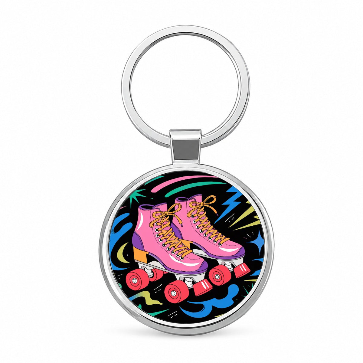 Retro Roller Skates Round Metal Keychain