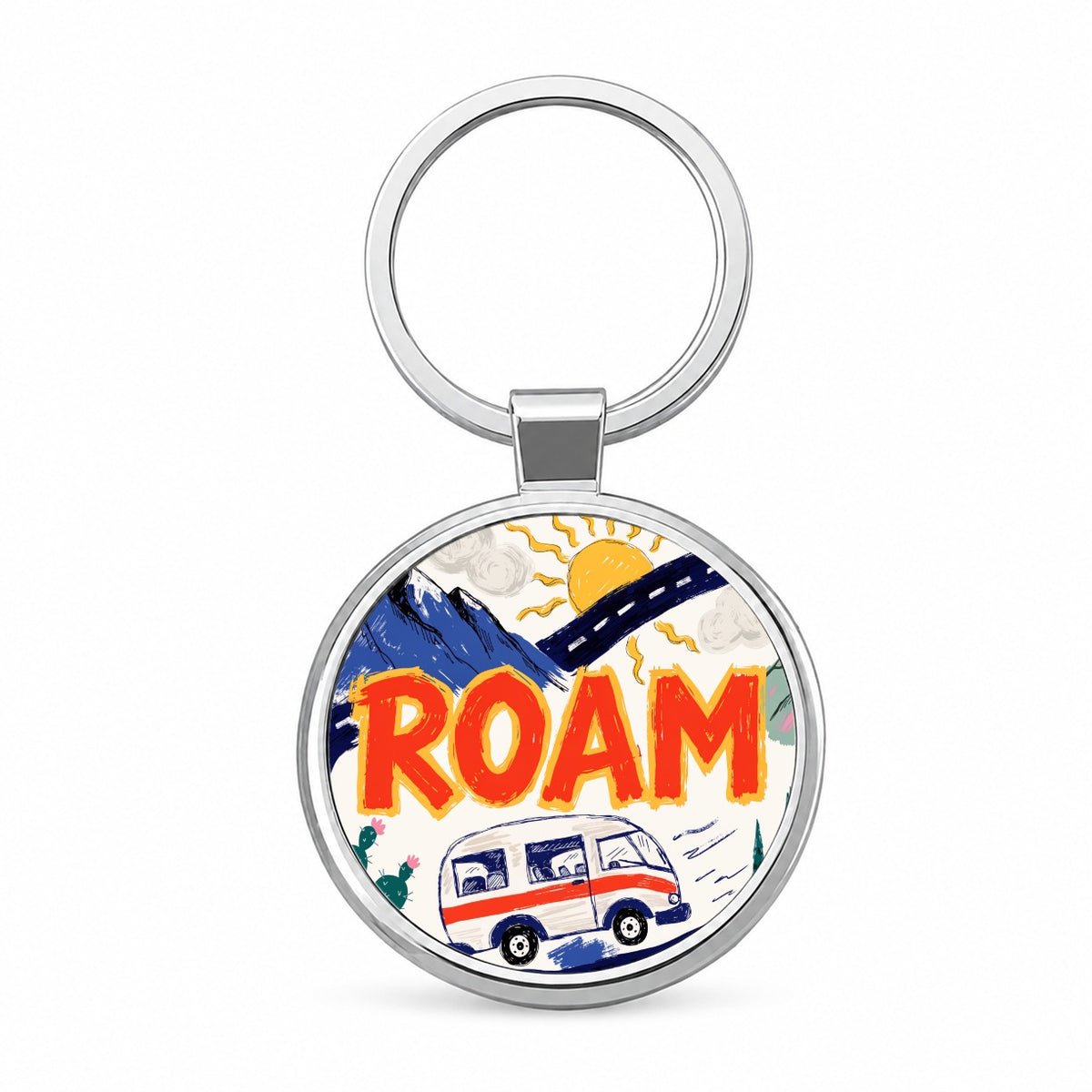 Roam Retro Camper Round Metal Keychain