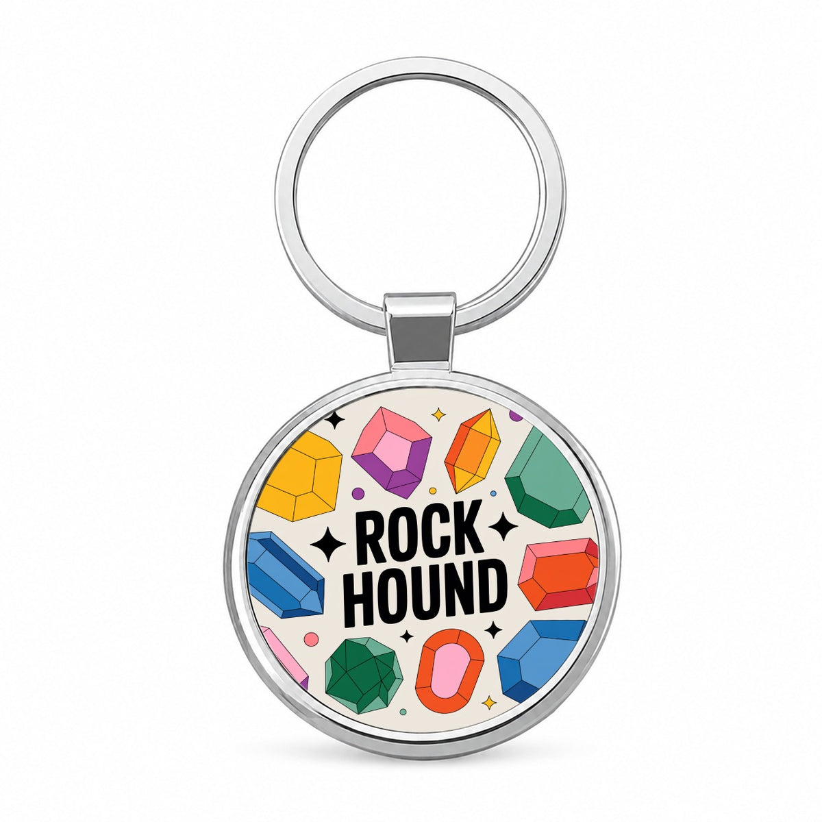 Rock Hound Crystals Polished Stones Round Metal Keychain