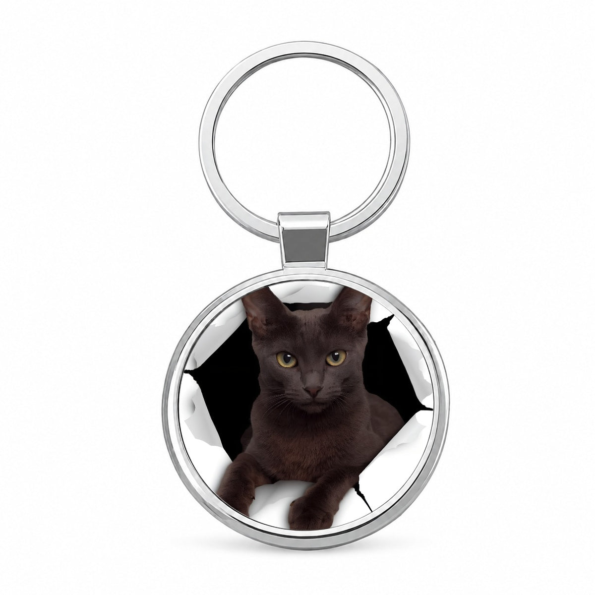 Russian Blue Cat Breakout Round Metal Keychain