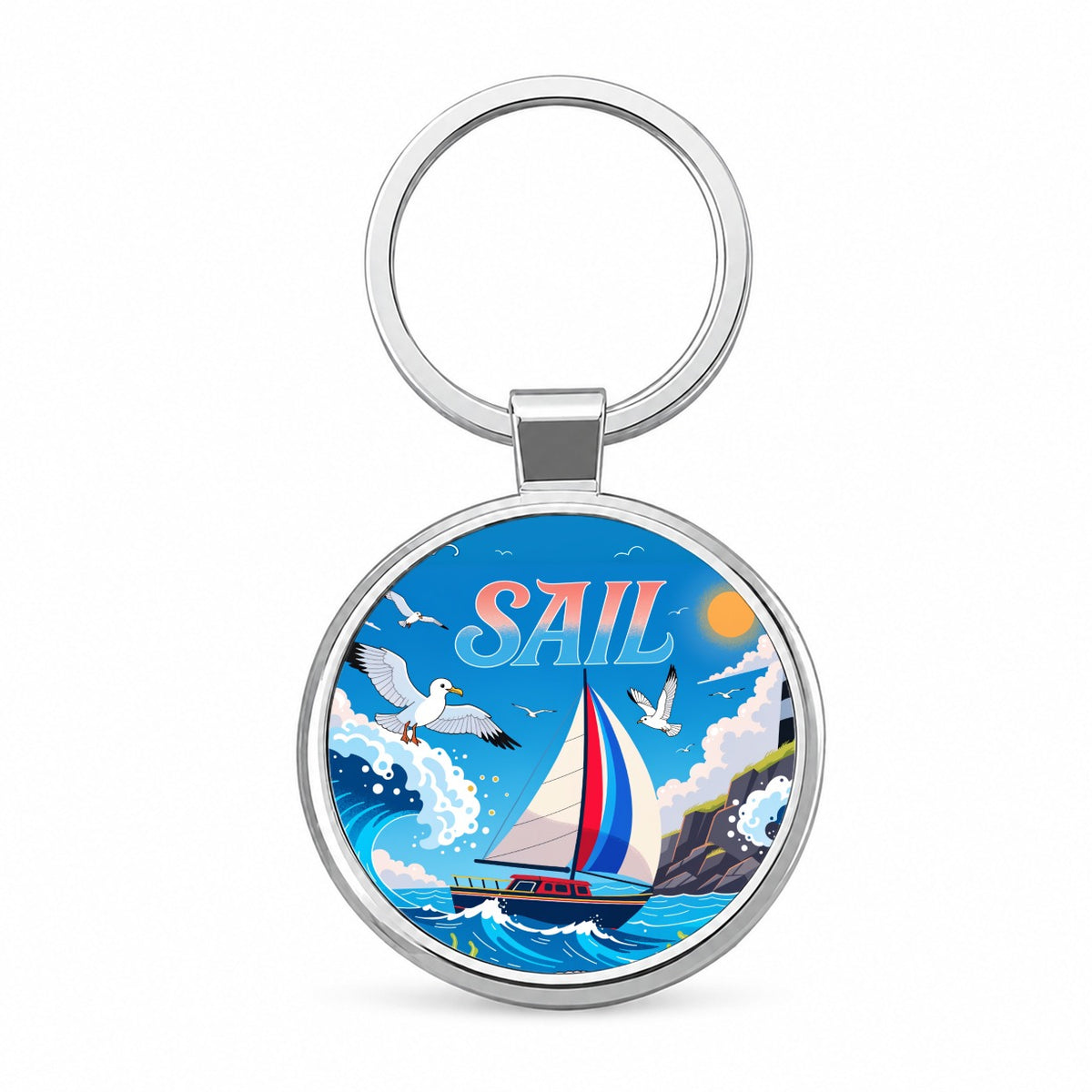 Sail Colorful Sailboat Lighthouse Birds Round Metal Keychain