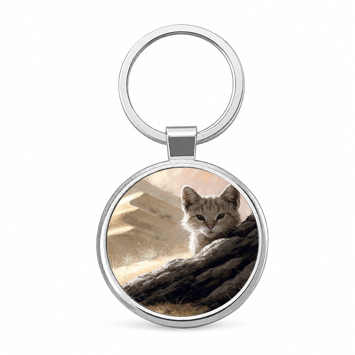 Sand Cat Desert Round Metal Keychain