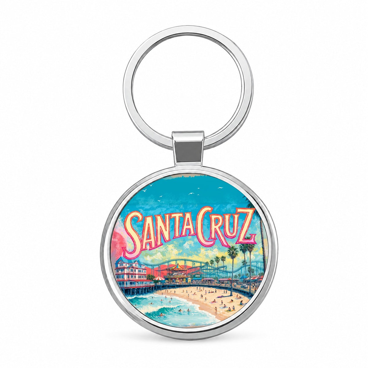 Santa Cruz California Travel Boardwalk Round Metal Keychain