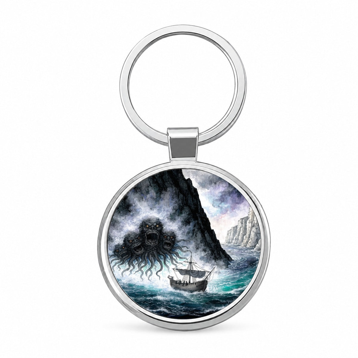 Scylla Greek Sea Monster Round Metal Keychain