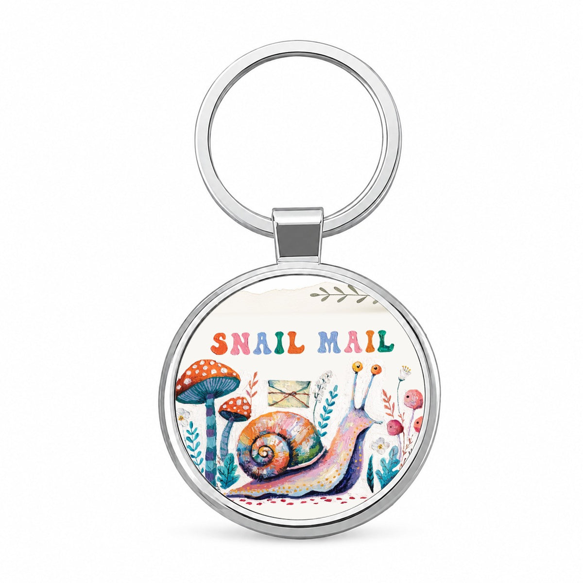Snail Mail Whimsical Round Metal Keychain