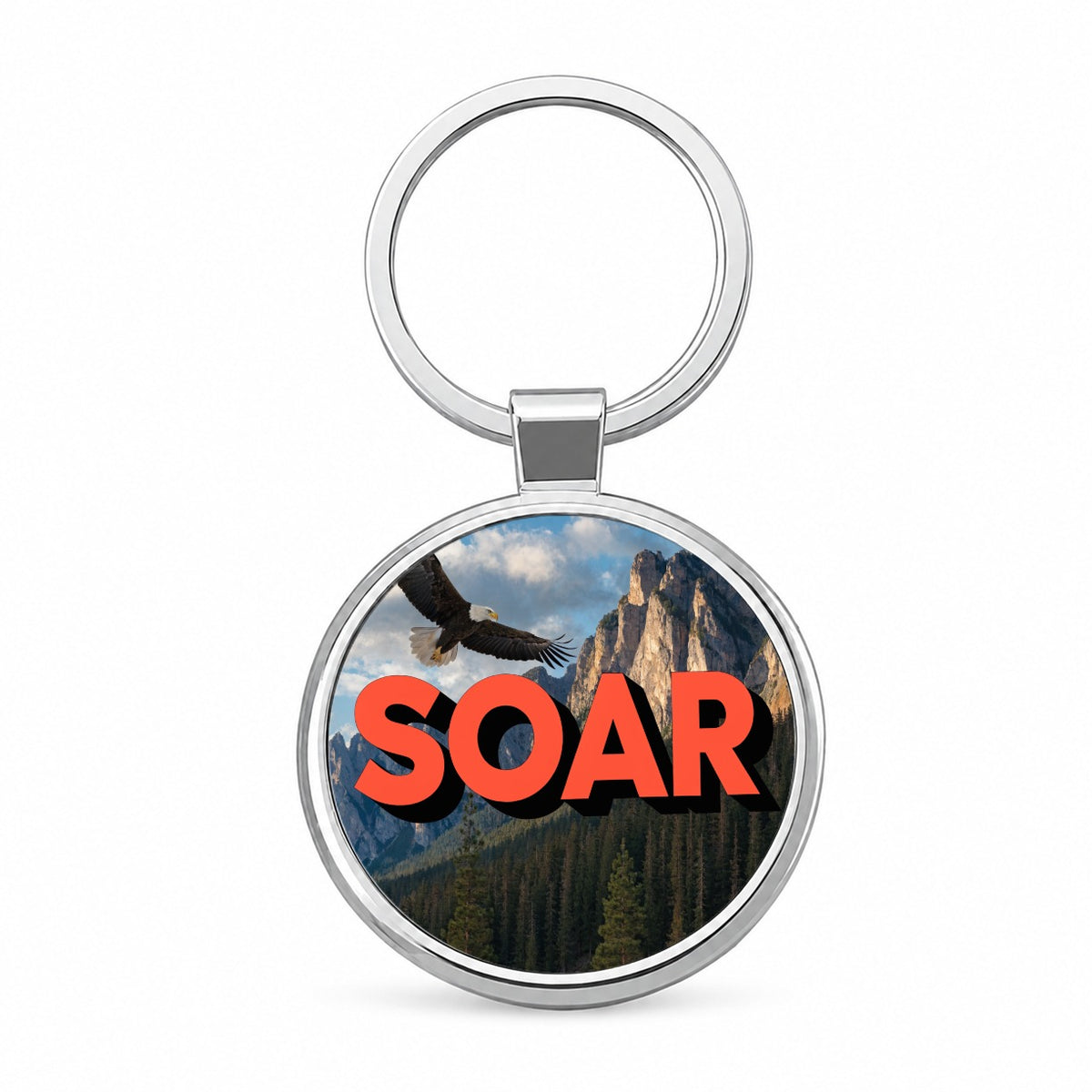 Soar Inspirational Bald Eagle Mountain Round Metal Keychain