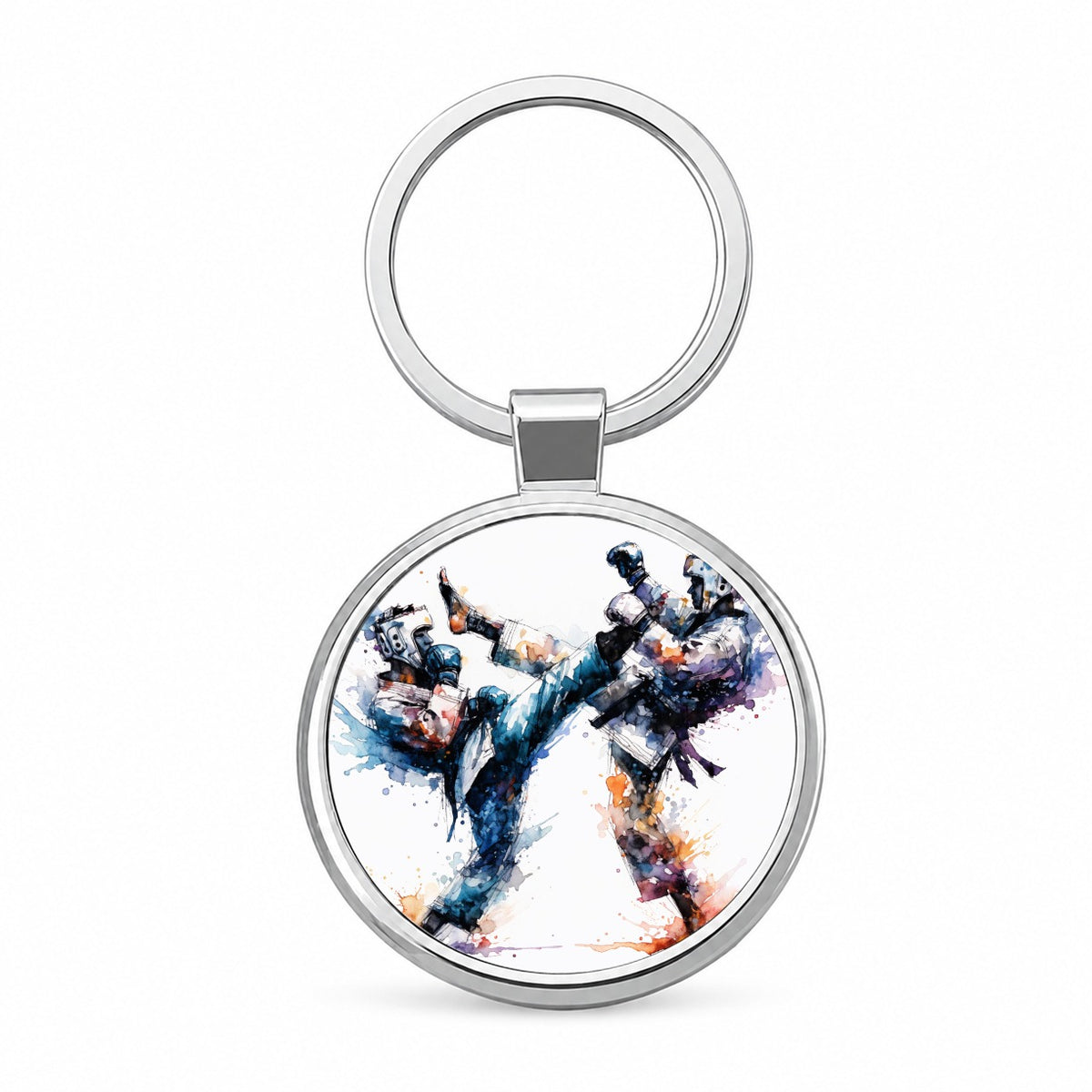 Taekwondo Karate Black Belt Sparring Round Metal Keychain