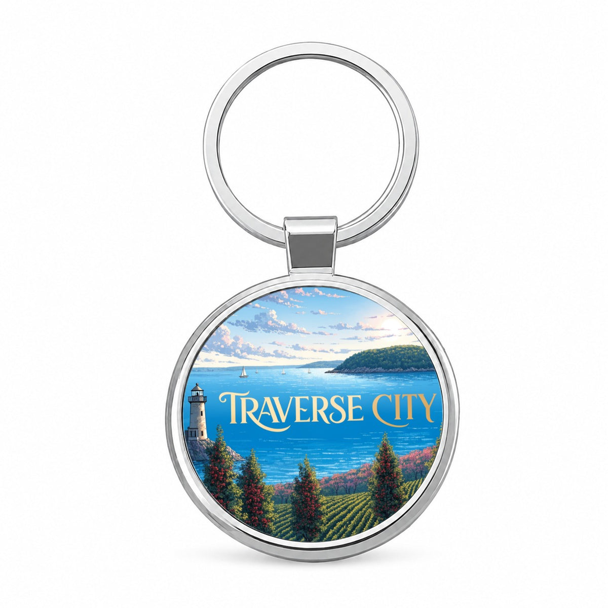 Traverse City Michigan Travel Round Metal Keychain