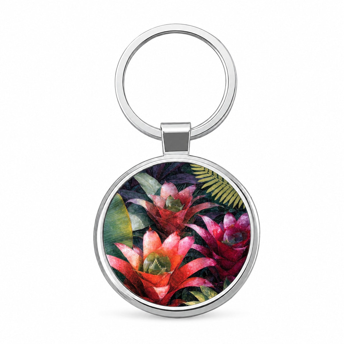 Tropical Bromeliad Garden Round Metal Keychain