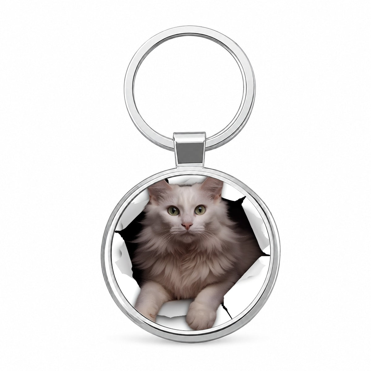 Turkish Angora Cat Breakout Round Metal Keychain