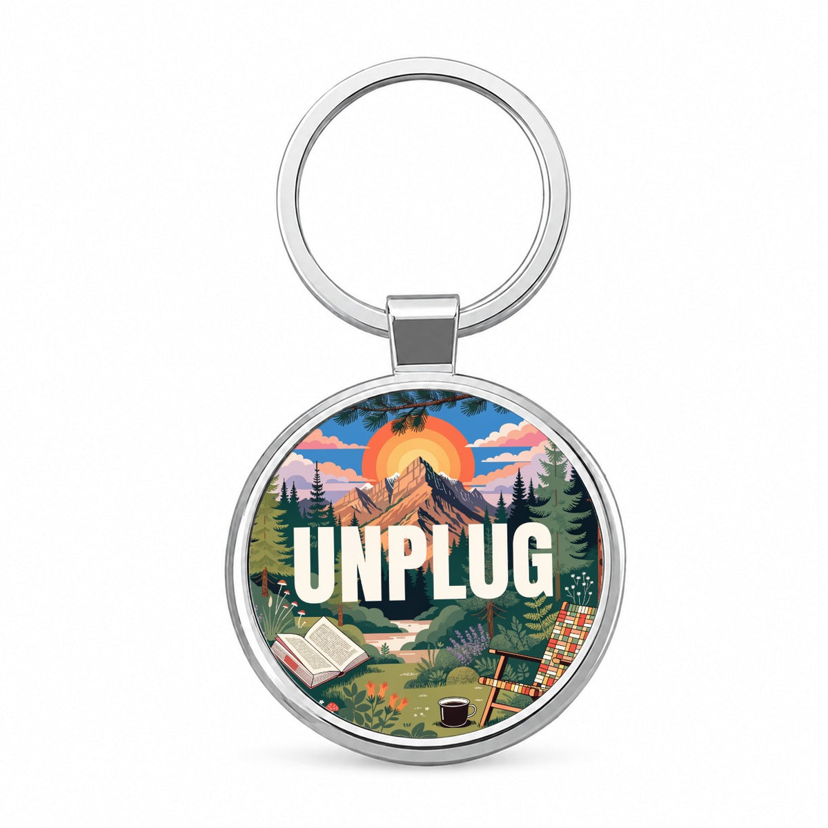 Unplug Cozy Camping Book Round Metal Keychain
