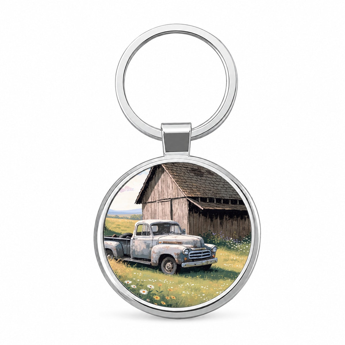 Vintage Farm Truck Rustic Barn Round Metal Keychain
