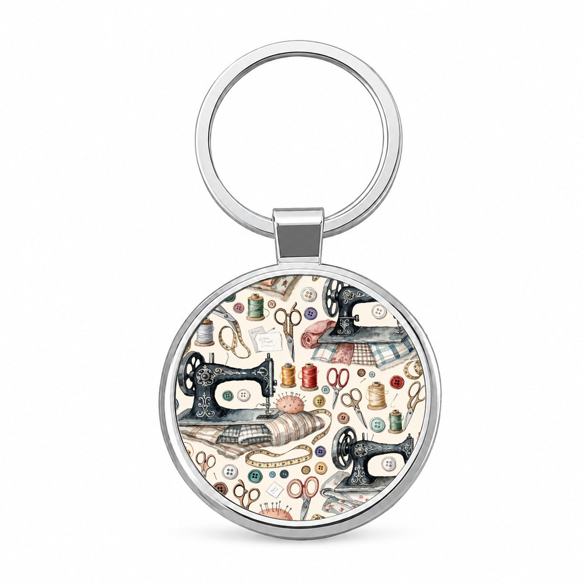 Vintage Sewing Machines Notions Round Metal Keychain