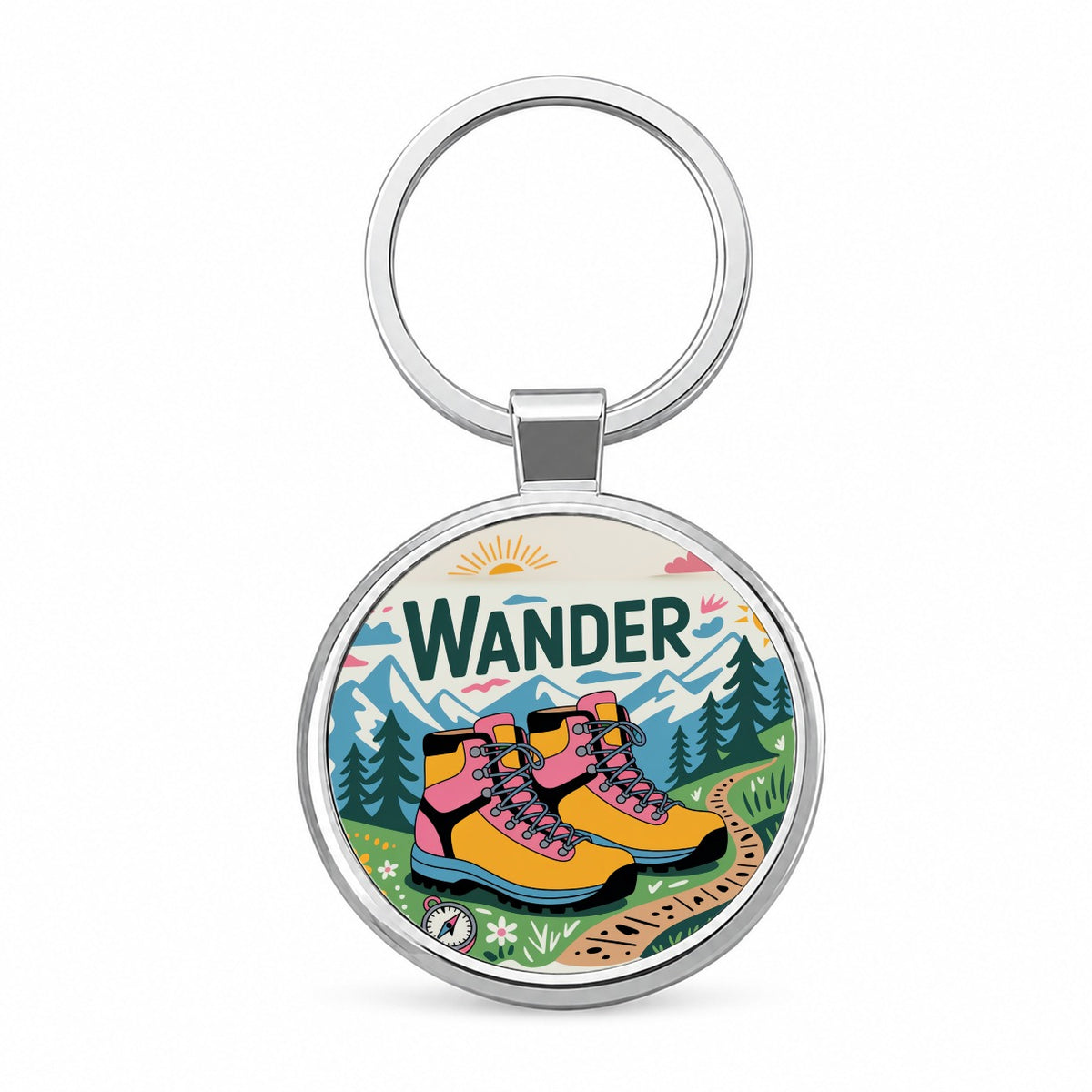 Wander Hiking Boots Hiker Round Metal Keychain