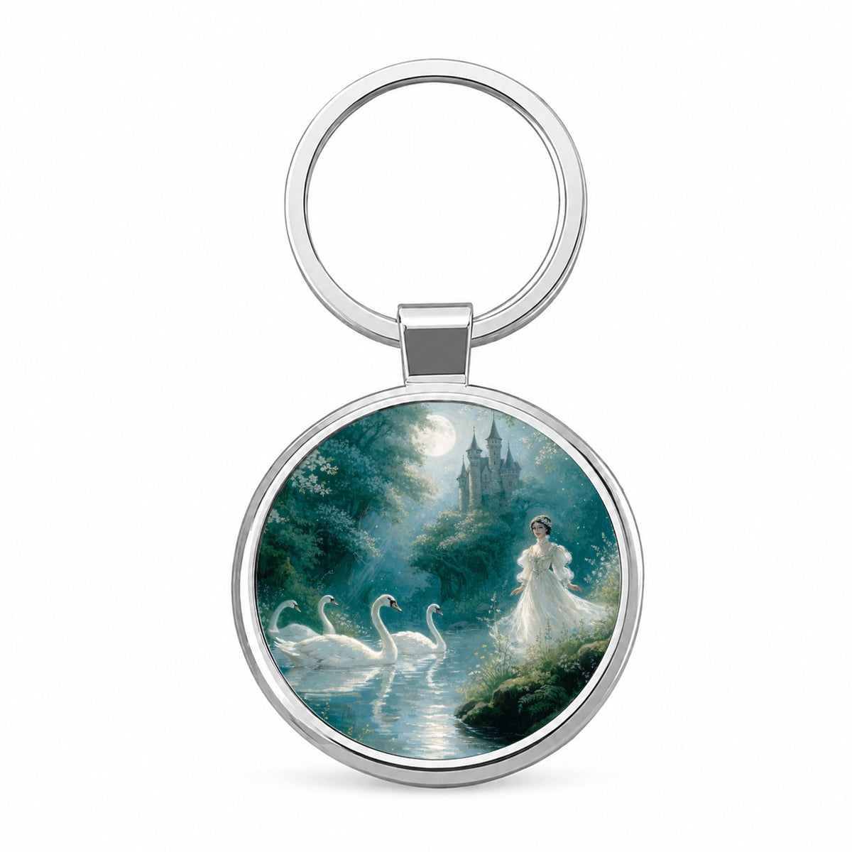 Wild Swans Fairy Tale Round Metal Keychain