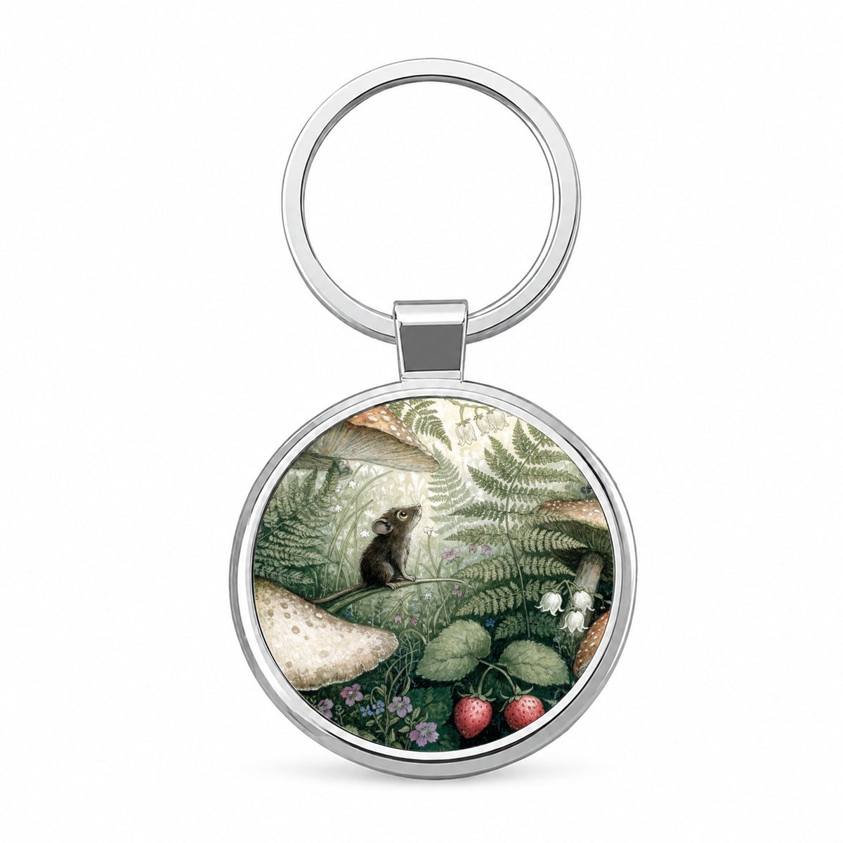 Woodland Mouse Mushroom Garden Round Metal Keychain