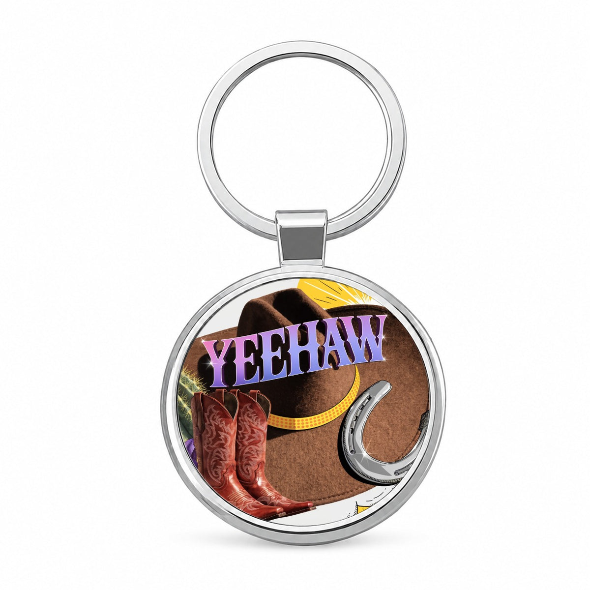 Yeehaw Cowboy Hat Boots Funny Round Metal Keychain