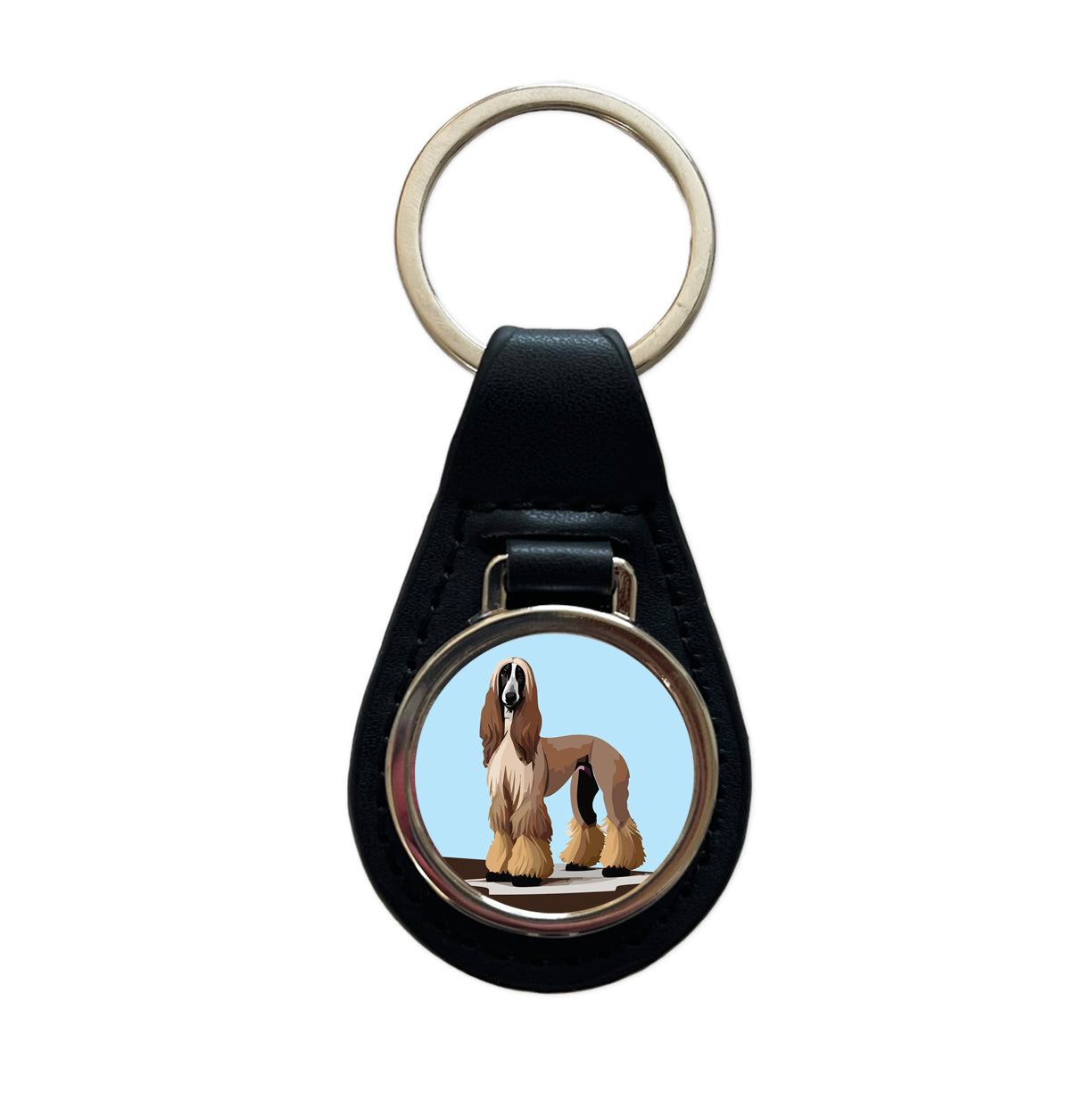 Afghan Hound Dog Standing Black Leather Metal Keychain