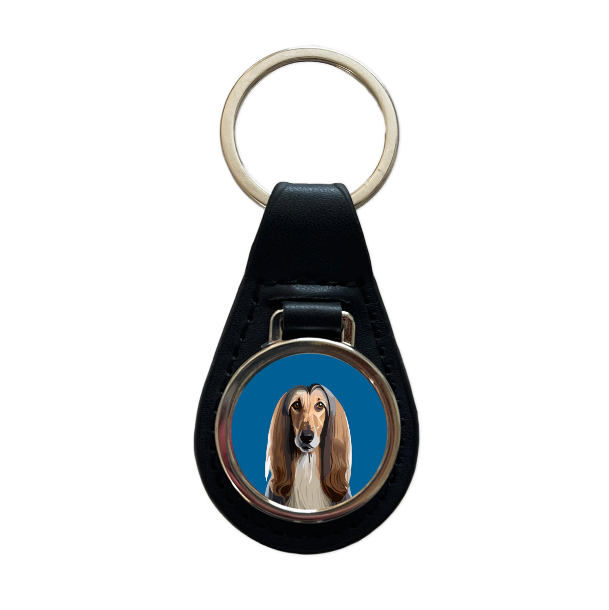 Afghan Hound Dog Staring Black Leather Metal Keychain
