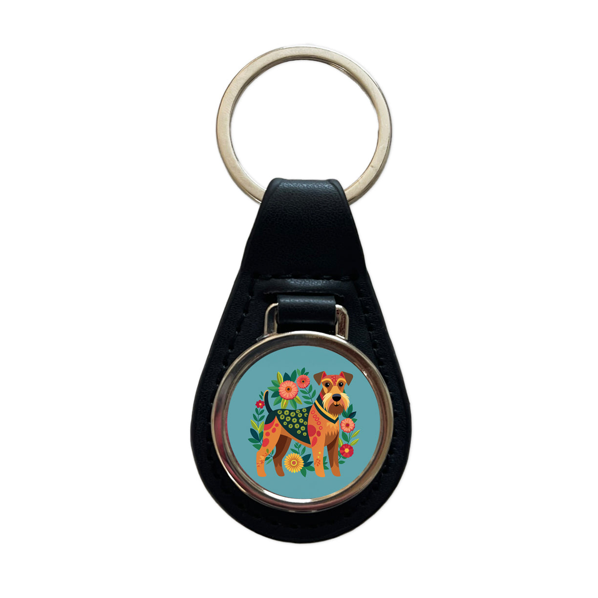 Airedale Terrier Dog Floral Flowers Black Leather Metal Keychain