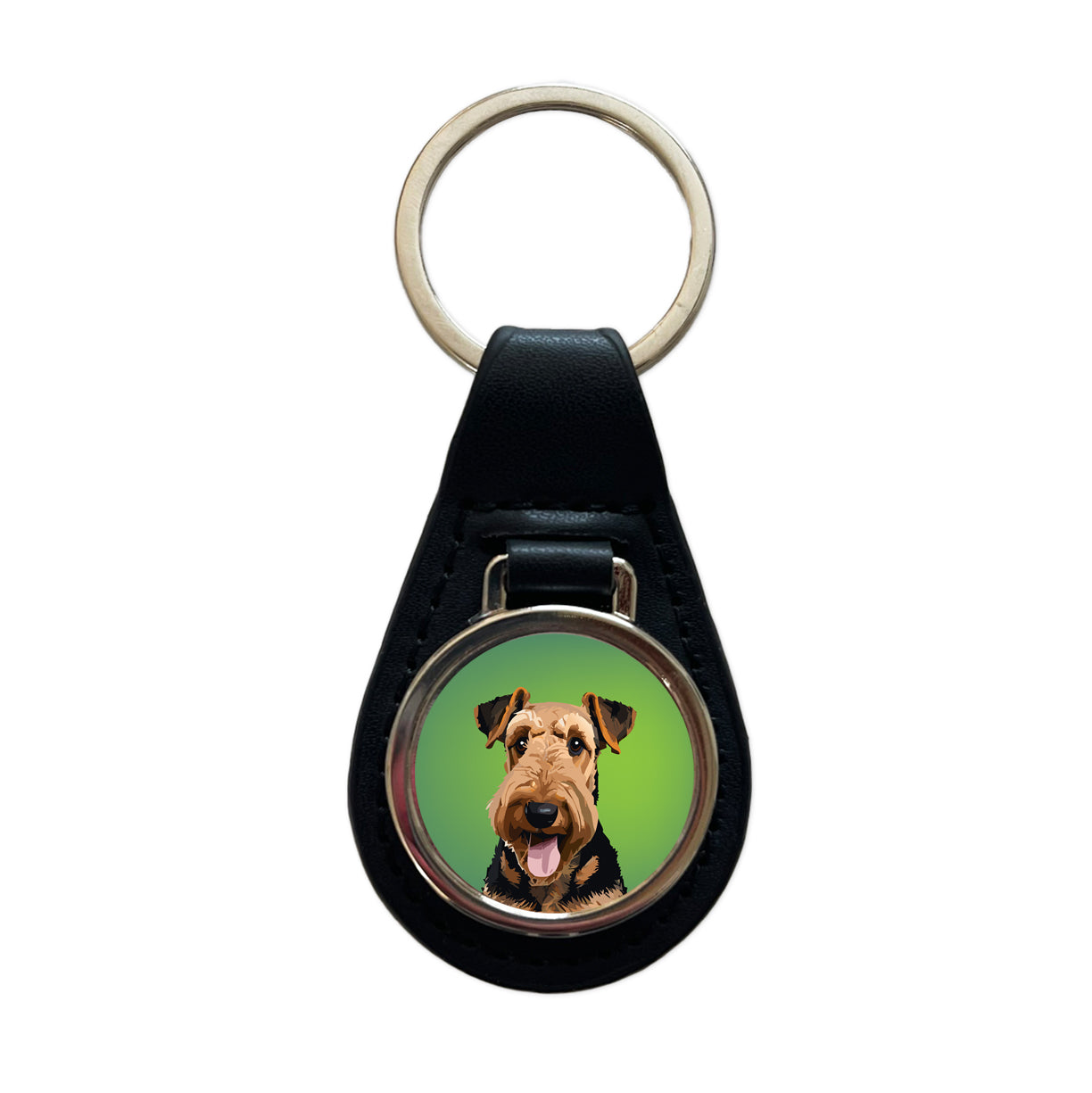 Airedale Terrier Dog Portrait Black Leather Metal Keychain