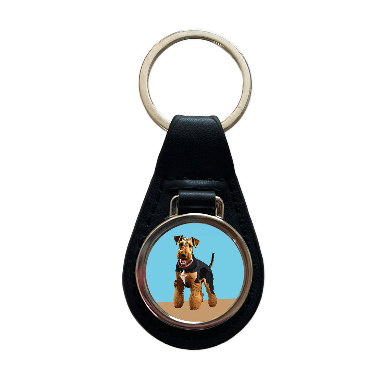 Airedale Terrier Dog Standing Black Leather Metal Keychain