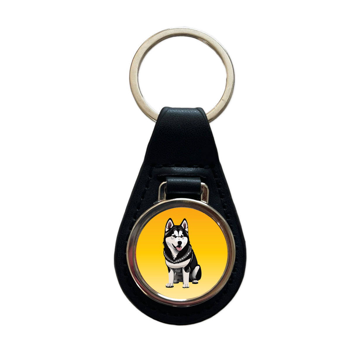 Alaskan Malamute Dog Sitting Black Leather Metal Keychain