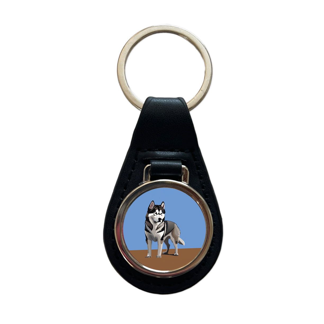 Alaskan Malamute Dog Standing Black Leather Metal Keychain