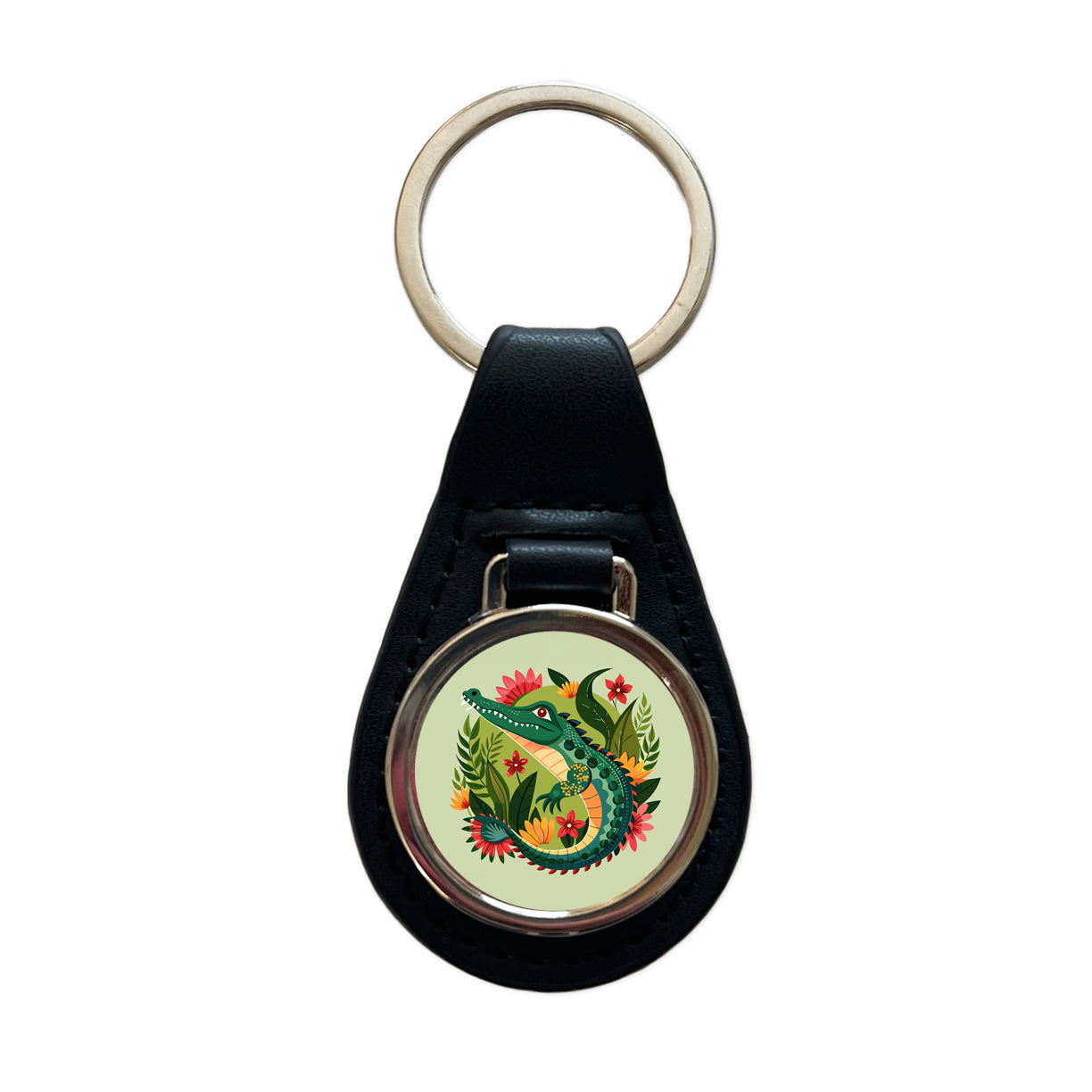 Alligator Floral Flowers Black Leather Metal Keychain