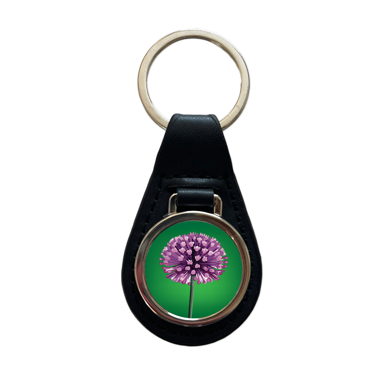 Allium Flower Purple Watercolor Black Leather Metal Keychain