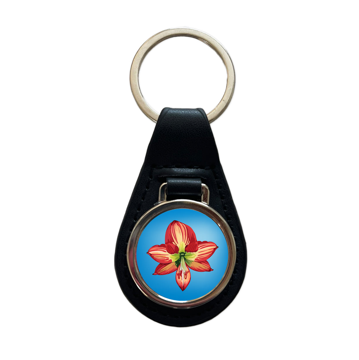Amaryllis Flower Christmas Black Leather Metal Keychain