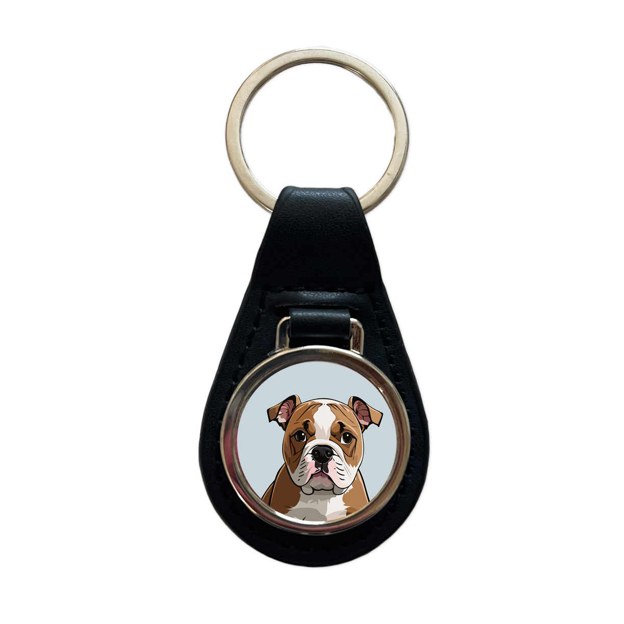 American Bulldog Staring Black Leather Metal Keychain
