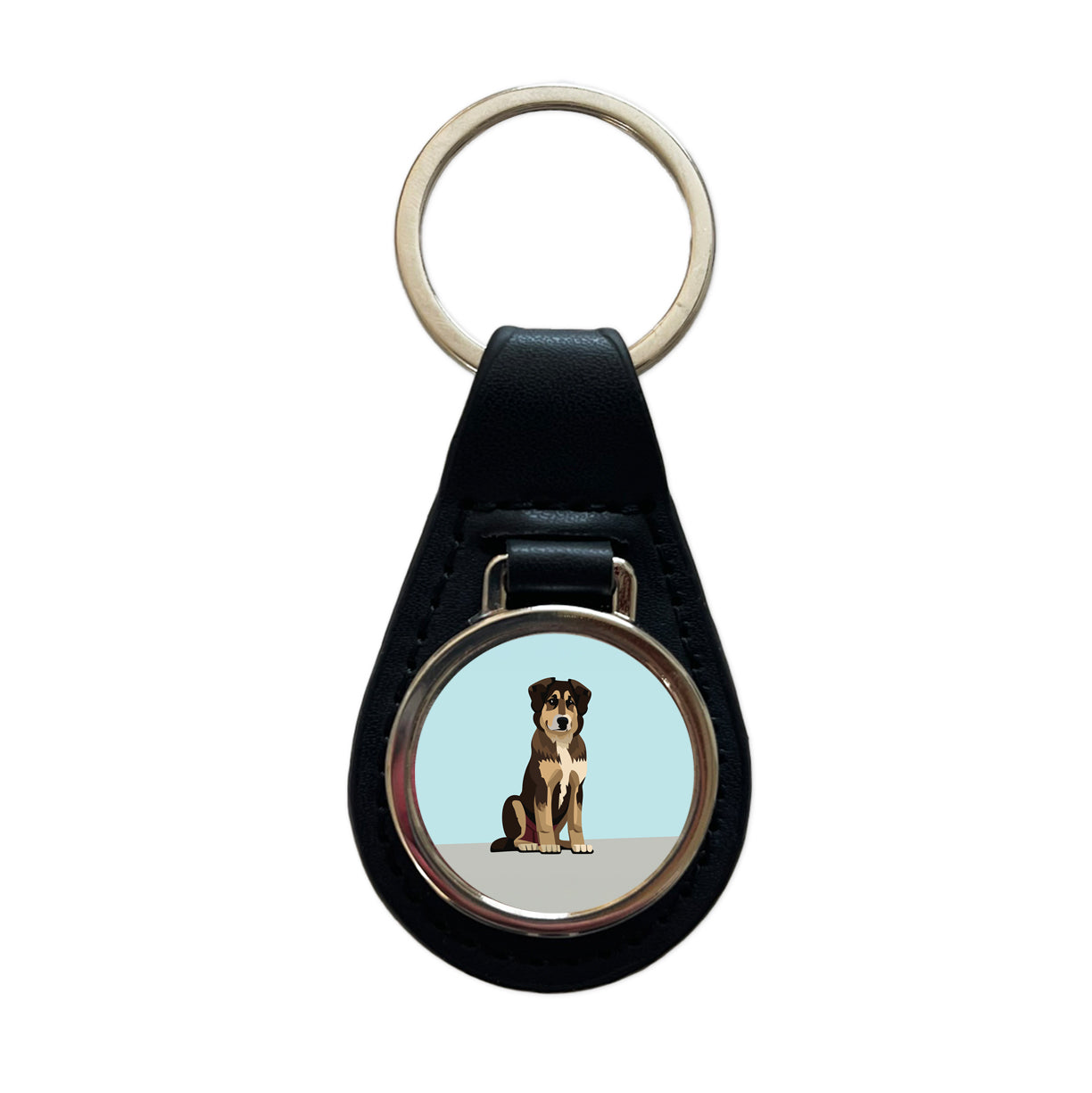 Anatolian Shepherd Dog Sitting Black Leather Metal Keychain