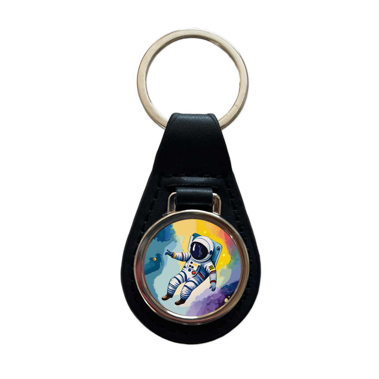 Astronaut Floating in Space Astronomy Black Leather Metal Keychain