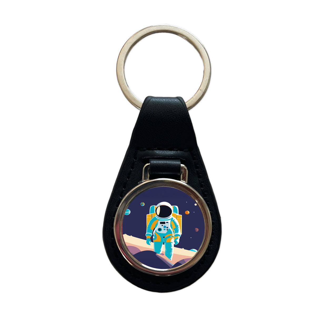 Astronaut in Outer Space Planets Science Fiction Black Leather Metal Keychain