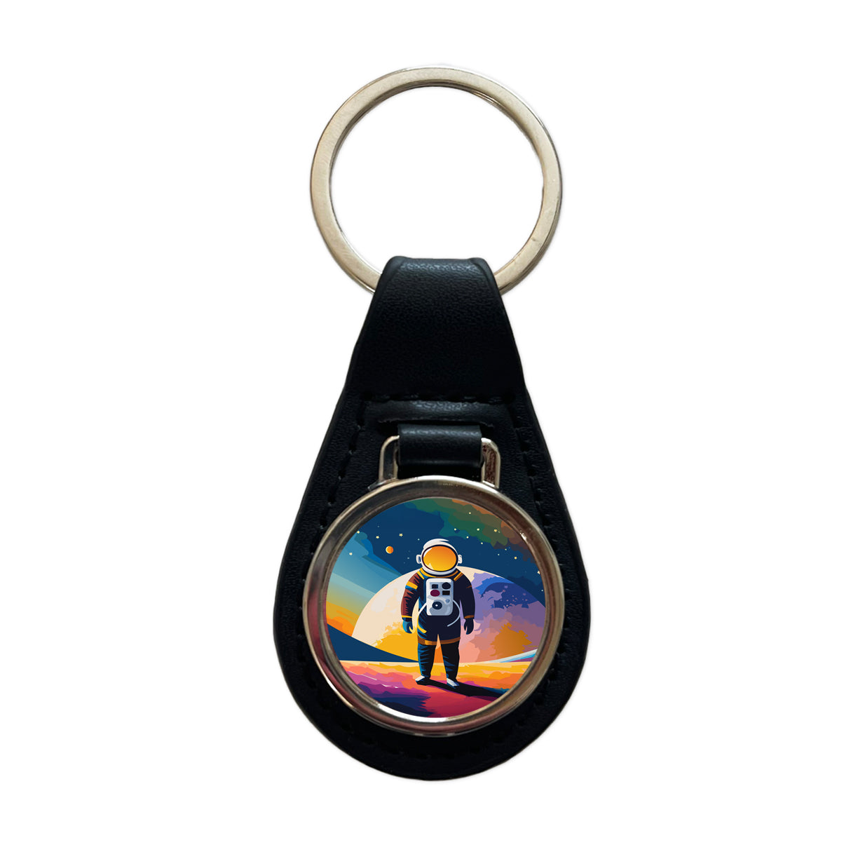Astronaut Standing Space Astronomy Black Leather Metal Keychain