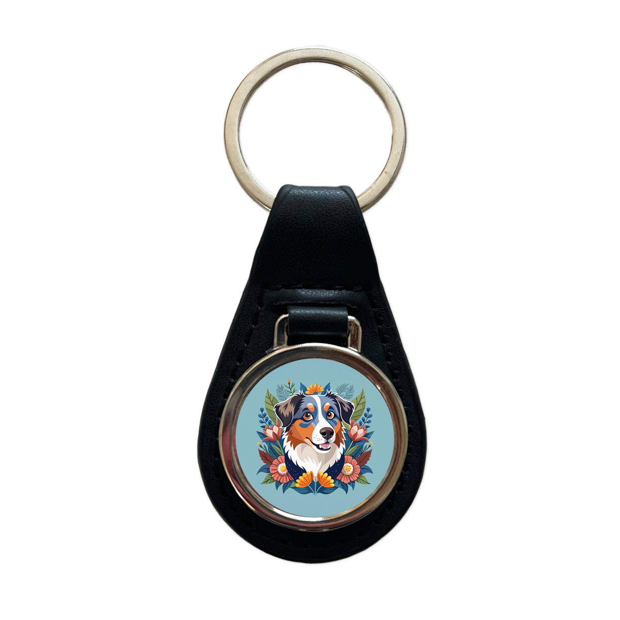 Australian Shepherd Dog Floral Flowers Black Leather Metal Keychain