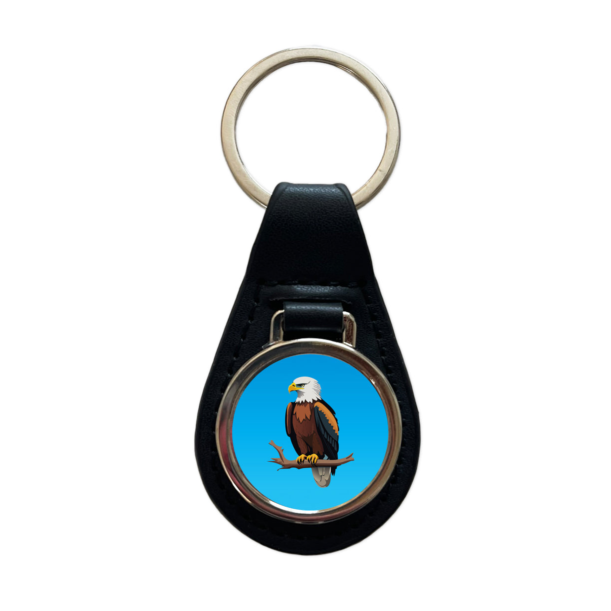 Bald Eagle on Branch Black Leather Metal Keychain