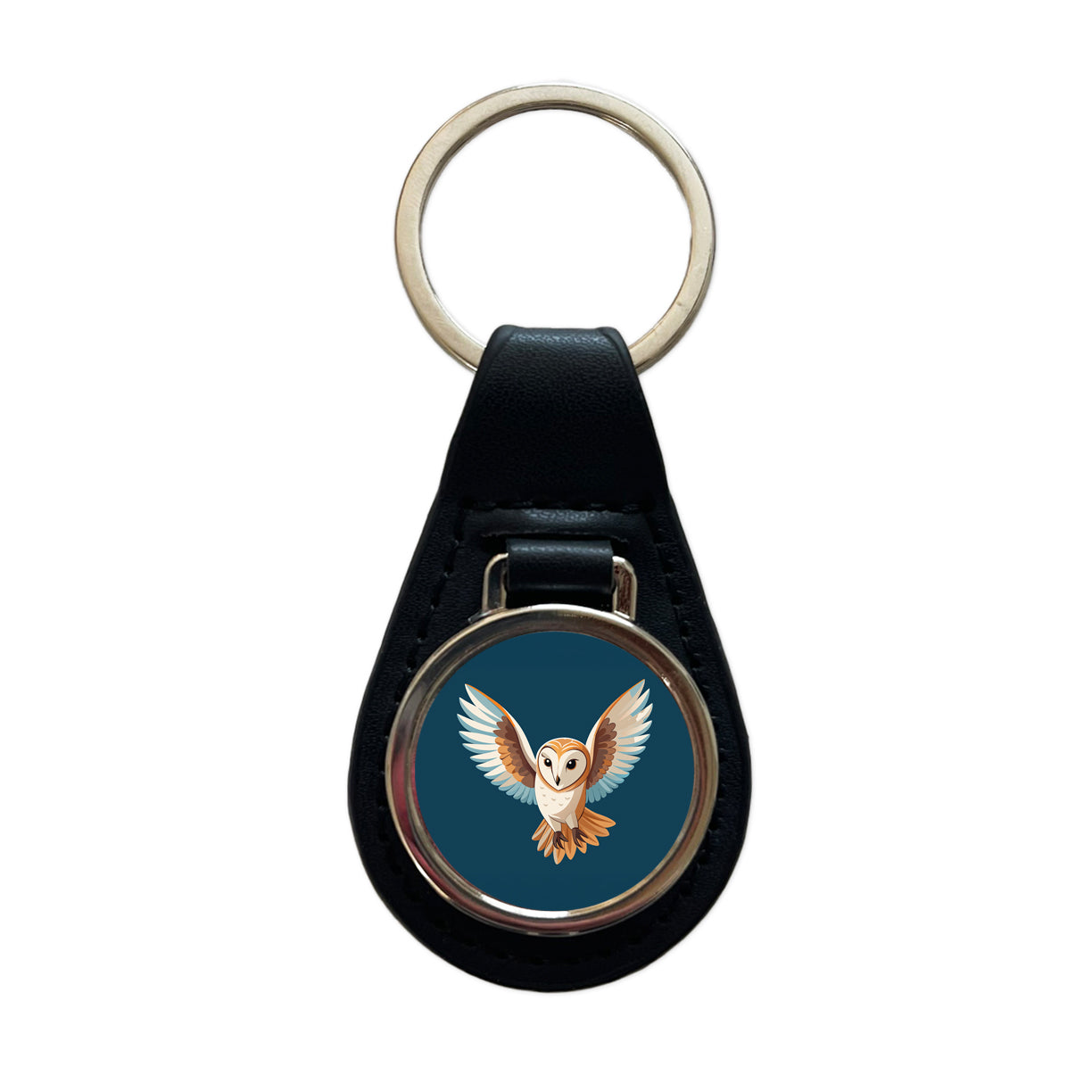Barn Owl Bird Flying Black Leather Metal Keychain