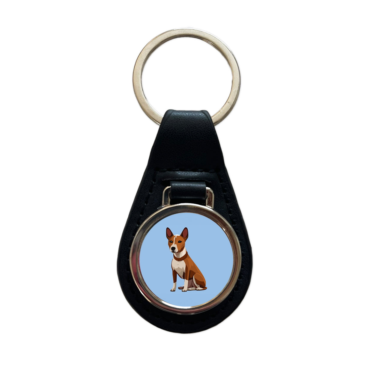 Basenji Dog Sitting Black Leather Metal Keychain
